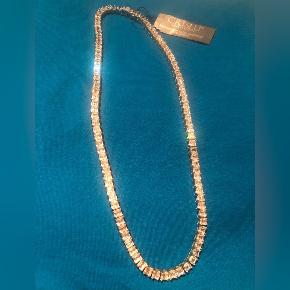 NWT Stunning Crislu Large Brilliant 55 CTTW 16” 925 SS/Platinum tennis necklace